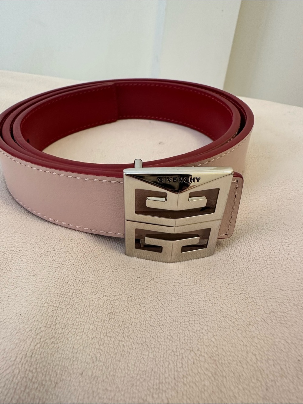 Givenchy Reversible Pink and Red Leather Belt with Silver Logo Buckle